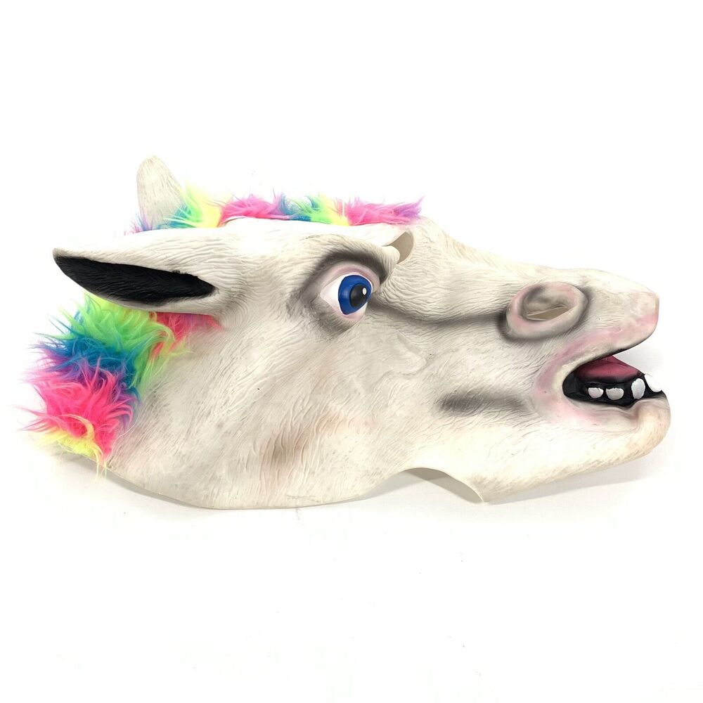 Latex Rainbow Mohawk Unicorn Mask Full Head Animal Mask Adult Horse White OS